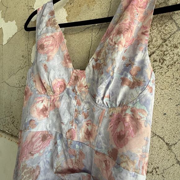 Romantic Floral Ruched Midi Dress Sleeveless Watercolor Knotted Strap Size M - Picture 5 of 8